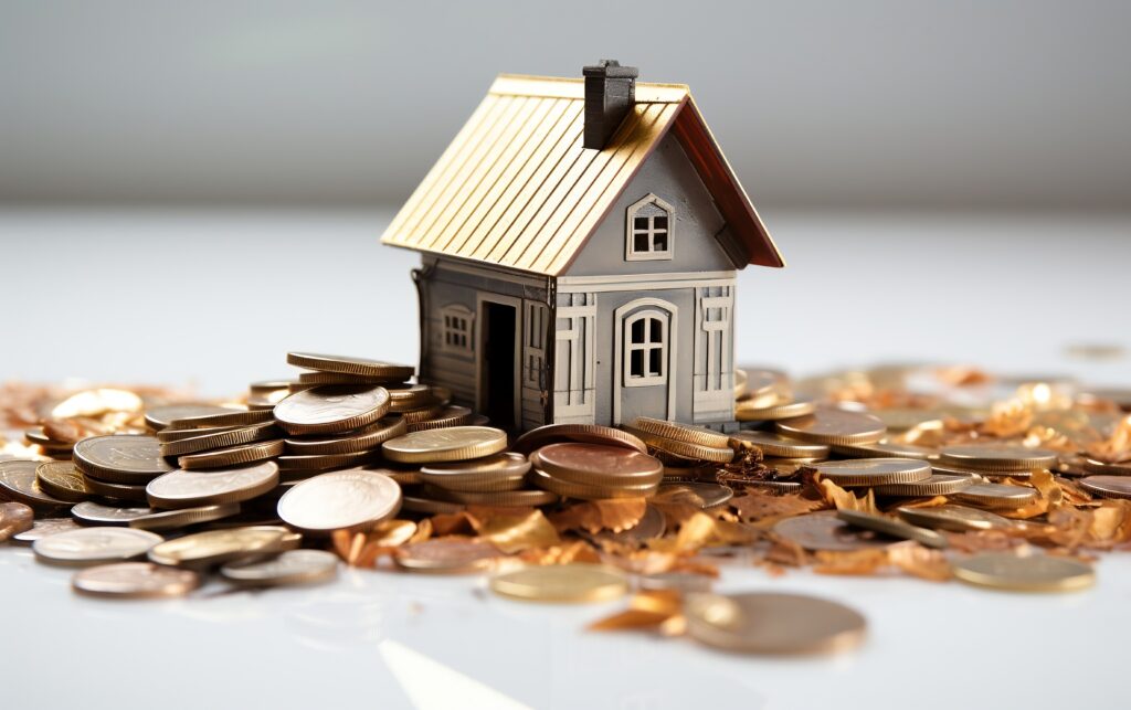 A small cottage house surrounded by coins, showing the growth of a small tax firm through additional services.